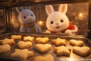 オーブンの中から見た視点で、天板に並ぶ星型とハート型のクッキーが手前にあり、ガラス越しにサンタケープ姿の白うさぎこまちちゃんがワクワクした表情で覗き込み、その後ろで赤緑マフラーの灰色うさぎめいたくんが優しく見守っているリアル写真風イラスト。