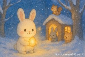 “ひかりのたまご”の光が森いっぱいに広がり、仲間たちが笑顔で見守るやさしの森の夜(冬至・友情・光の風水)