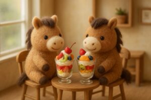 ミニチュアカフェでパフェを楽しむ、羊毛フェルトで作られた2体の干支の馬のぬいぐるみ。手作り感のあるふわふわの質感と、フルーツたっぷりのパフェが並ぶ、やさしく明るい昼下がりの風景