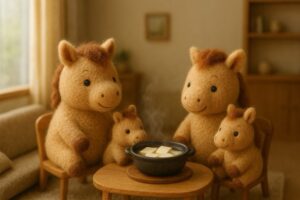 ミニチュアのリビングルームで湯豆腐を囲む、羊毛フェルトで作られた干支のうまの家族。自然光に包まれた温かく穏やかな写真風イラスト