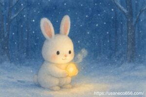 雪の森で“ひかりのたまご”を見つけ、両手で包む白うさぎのこまちちゃん(冬至・発見・希望の光)