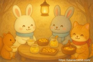 こまちちゃん、めいたくん、リスさん、ねこさんが柚子の冬ごちそうを囲む温かい食卓のイラスト