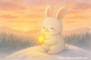 冬至の朝、ランプのそばに“ひかりのたまご”を置いて朝日を見つめるこまちちゃん(冬至・再生・陽の気のはじまり)