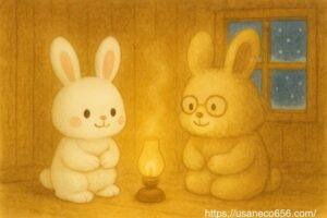 よしのおばあちゃんの言葉を思い出しながら、ランプの光に包まれる白うさぎのこまちちゃん(冬至・思い出・やさしの森)
