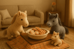 フェルトで作られたおうまさんの家族が、あたたかいリビングのこたつを囲み、ホタテ・カニ・エビの海鮮鍋を楽しそうに囲んでいる様子。優しい照明に照らされた、家庭的でほほえましい夕食シーン