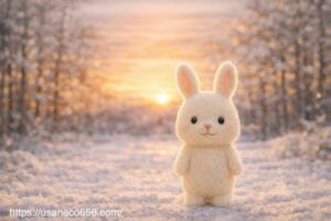 alt="2026年の初日の出を迎えるやさしの森で、羊毛フェルトの白いうさぎ・こまちちゃんが正面を向いて微笑む新年のご挨拶イラスト"