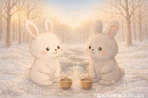 冬のやさしの森の静かな朝、泉のそばで白うさぎのこまちちゃんと灰色うさぎのめいたくんがやさしく見つめ合う絵本風イラスト 