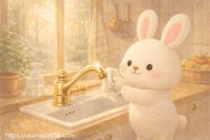 やさしの森の朝、白うさぎのこまちちゃんが小さなキッチンで朝日を浴びながら、布で蛇口をピカピカに磨いているやさしい絵本風イラスト