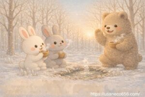 雪の積もるやさしの森の泉のそばで、白うさぎのこまちちゃんと灰色うさぎのめいたくんが、くまのしげるさんと出会う大寒の朝の絵本風イラスト 