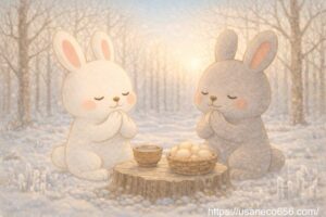 大寒の朝、雪の森の切り株の上に泉の水と卵が置かれ、白うさぎのこまちちゃんと灰色うさぎのめいたくんがいただきますをする絵本風イラスト 