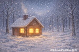 雪のやさしの森にたたずむ小屋から、こたつのあたたかな灯りが漏れている夜のイラスト