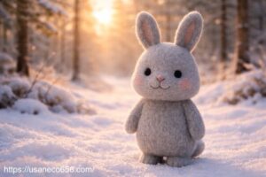 羊毛フェルトの灰色うさぎ「めいたくん」が、雪の積もるやさしの森で初日の出を背に正面を向いて立っている新年の朝のイラスト|やさしい表情と穏やかな光に包まれた開運イメージ