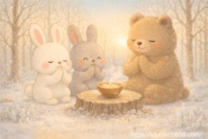 大寒の朝、雪のやさしの森で、白うさぎのこまちちゃん、灰色うさぎのめいたくん、くまのしげるさんが、泉の水と卵に感謝して手を合わせる絵本風イラスト 