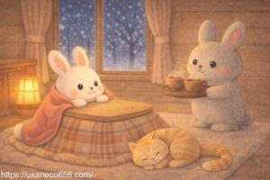 夜の小屋の中、こたつのやわらかな灯りの中で、こまちちゃんとめいたくんが静かに同じ空間を過ごしている団らんの余韻を描いたイラスト