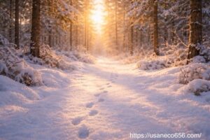 2026年元旦の初日の出が差し込む雪のやさしの森の小道。静かな新年の始まりを描いた風景イラスト"