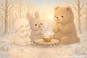 雪に包まれたやさしの森で、白うさぎのこまちちゃんと灰色うさぎのめいたくん、くまのしげるさんが、大寒の恵みを分かち合いながら食事をする絵本風イラスト 