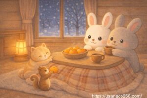 こたつを囲んでみかんを配るリスさん、お茶を持つめいたくんと微笑むこまちちゃんとねこさんの団らんイラスト