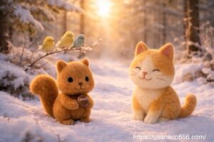 alt="2026年の初日の出を迎えるやさしの森で、木の枝にとまっている小鳥、羊毛フェルトのリスとねこが集う新年のやさしい世界観イラスト"