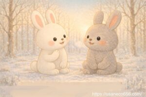 冬のやさしの森で、白うさぎのこまちちゃんと灰色うさぎのめいたくんが目を閉じ、胸に手をあてて静かに深呼吸する絵本風イラスト 