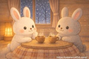 こたつの中でこまちちゃんとめいたくんが穏やかに語り合う、心が通い合う場面のイラスト