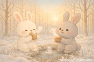 大寒の早朝、澄んだ冬の空気に包まれたやさしの森の泉のそばで、白うさぎのこまちちゃんと灰色うさぎのめいたくんが木のカップの水を味わう絵本風イラスト 