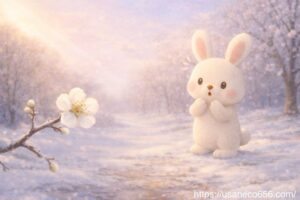 雪の森でひとつだけ咲いた梅の花に気づく白うさぎのこまちちゃん