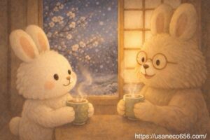 梅の花を眺めながら話を聞く白うさぎのこまちちゃんとあたたかい灯り