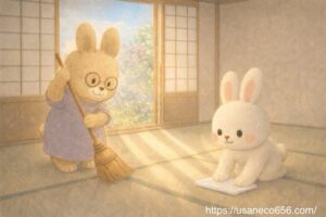 ひな祭り前に部屋を掃き清め整えるこまちちゃんとよしのおばあちゃん