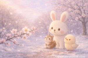 梅の花を森の仲間と一緒に鑑賞している白うさぎのこまちちゃんと春の気配