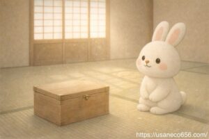 ひな祭り前に閉じた箱を見つめるこまちちゃんと静かな和室の風景