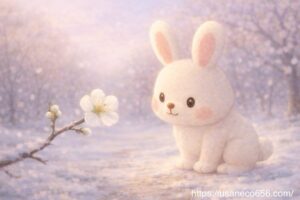 梅の花を近くで見つめる白うさぎのこまちちゃん 立春の森