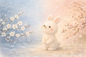 梅の花と桃の花を見つめるこまちちゃん、季節の移ろいを表すイラスト