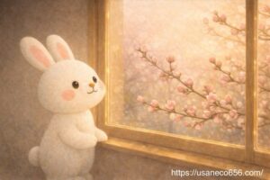 桃のつぼみを窓辺から見つめるこまちちゃん、春を迎える場面