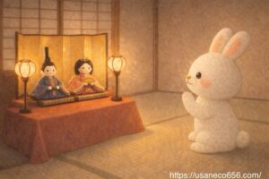 灯りに照らされたおひなさまと手を合わせるこまちちゃんのイラスト