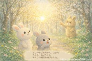 春の朝のやさしの森で朝日を見上げる白うさぎこまちちゃんと灰色うさぎめいたくんとよしのおばあちゃんの絵本風イラスト