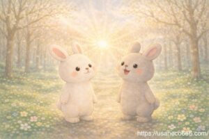 春の朝日を浴びて元気になっためいたくんとこまちちゃんがやさしの森に立っているイラスト