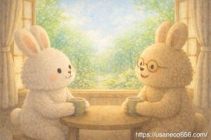 春分の日の意味を聞きながら, お茶を飲んでいる、こまちちゃんとよしのおばあちゃん