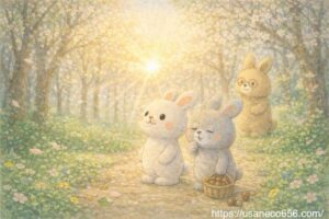 春の朝のやさしの森で朝日を見上げる白うさぎこまちちゃんと灰色うさぎめいたくんとよしのおばあちゃんの絵本風イラスト