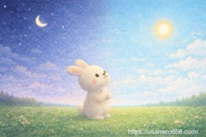 春分の日の昼と夜の空を見上げる白うさぎこまちちゃんのイラスト