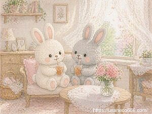 片付いたかわいい部屋でピンクの花を飾り、白うさぎこまちちゃんと灰色うさぎめいたくんがアイスティーを飲んでくつろぐ春の癒しイラスト