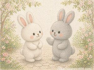 白うさぎこまちちゃんと灰色うさぎめいたくんが笑顔で会話している、やさしい雰囲気の風水ブログ用イラスト