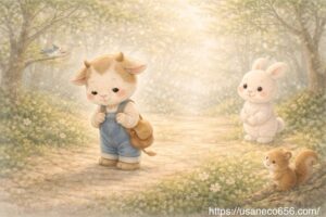 春の優しの森の小道で少し不安そうに立つうしくんと、優しく見守るこまちちゃんとリスト小鳥の絵本風イラスト