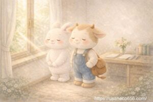 朝の光の中で心を整える白うさぎのこまちちゃんとうしくん、落ち着きと安心を感じる絵本風イラスト