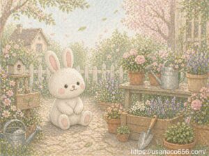 整った春の庭で穏やかに座る白うさぎこまちちゃんと、やさしい風が流れる土用の癒しイラスト