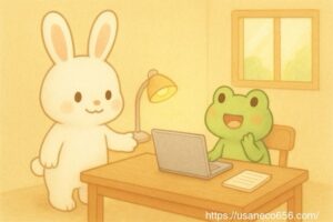 白うさぎのこまちちゃんが机を動かして、入り口が見える位置に置いている。 カエルのけろすけさん、机の横で「なるほど！」と感心している表情。 