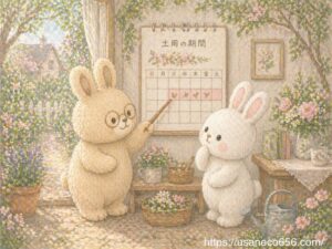 土用の間日が書かれたカレンダーを指さして説明するよしのおばあちゃんと、納得するこまちちゃんの風水イラスト