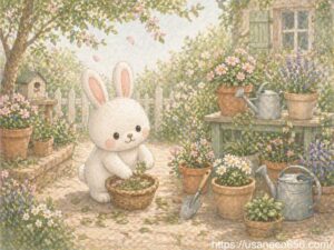 落ち葉を集めて庭を整える白うさぎこまちちゃんと、きれいに並んだ植木鉢がある土用の開運風水イラスト