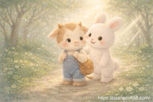 春のやさしの森の中で、白うさぎのこまちちゃんが不安なうしくんに寄り添い優しく見守るイラスト