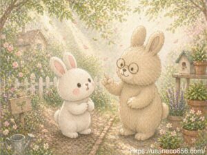 土用は整える時期と教えるよしのおばあちゃんの話を、白うさぎこまちちゃんが見上げて聞いている春の物語風イラスト