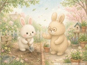 土用の過ごし方をテーマに、白うさぎこまちちゃんが庭で土を掘ろうとするところを、よしのおばあちゃんがやさしく止める春の風水イラスト